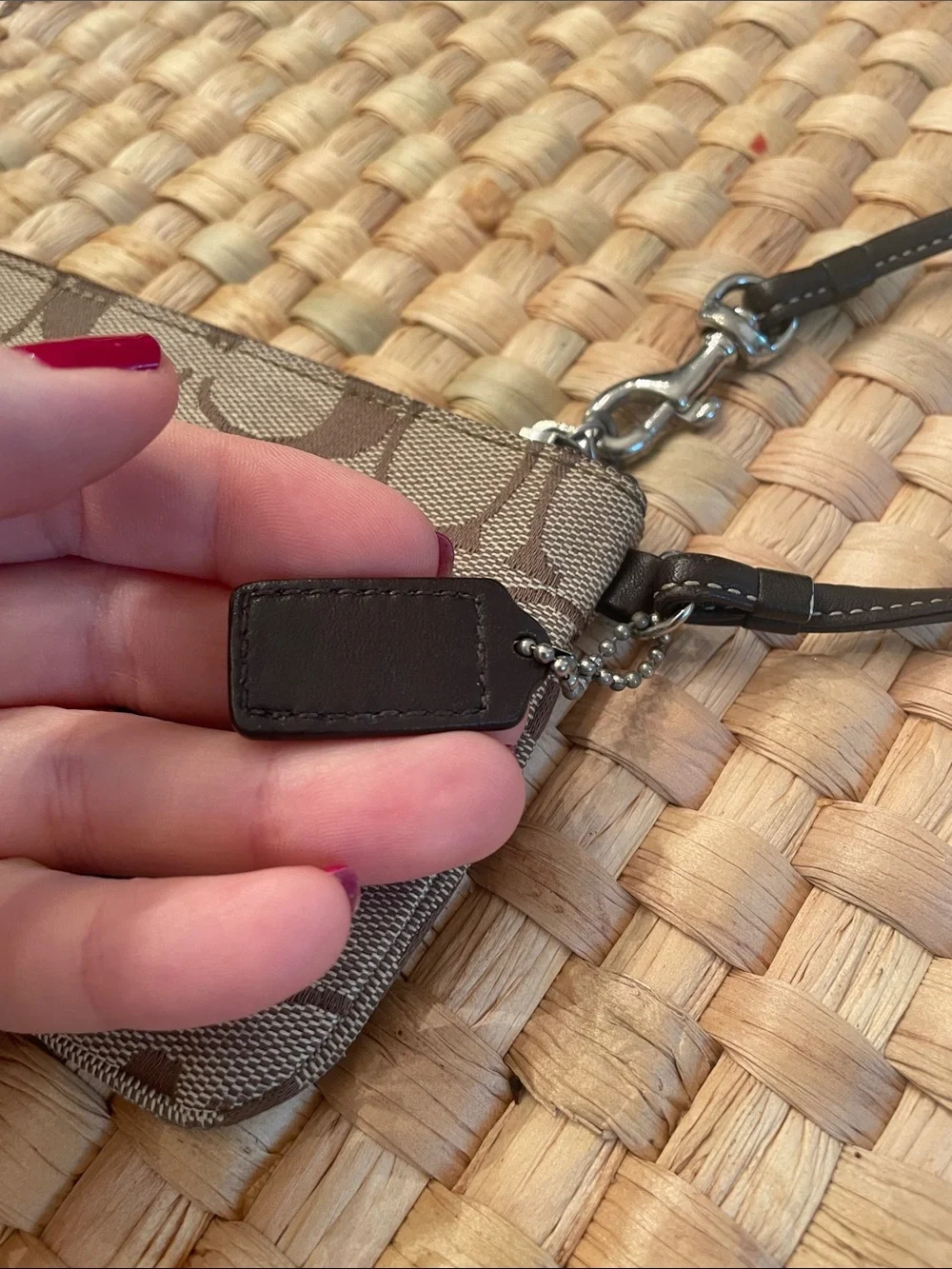 Coach Brown Signature Jacquard Wristlet with Leather Strap and Hang Tag EUC